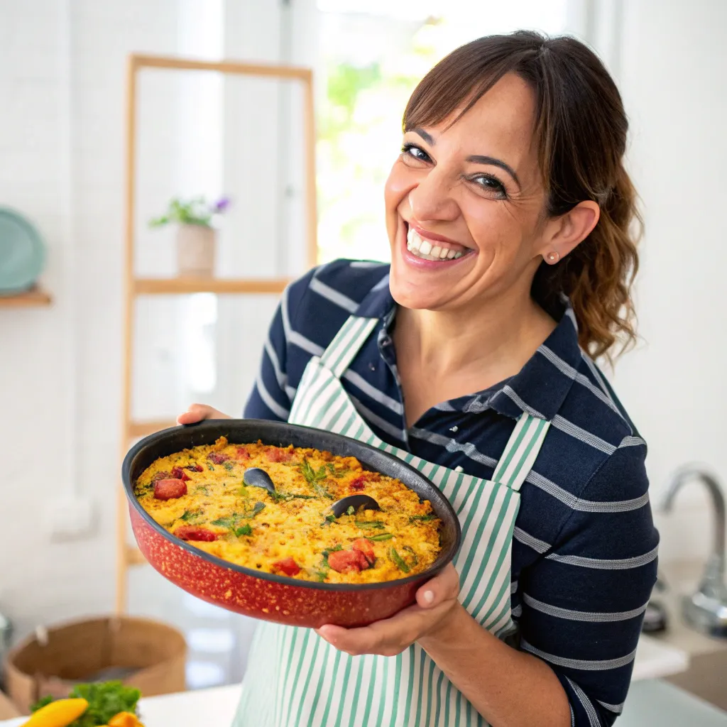 Happy customer smiling while holding a cooking dish
