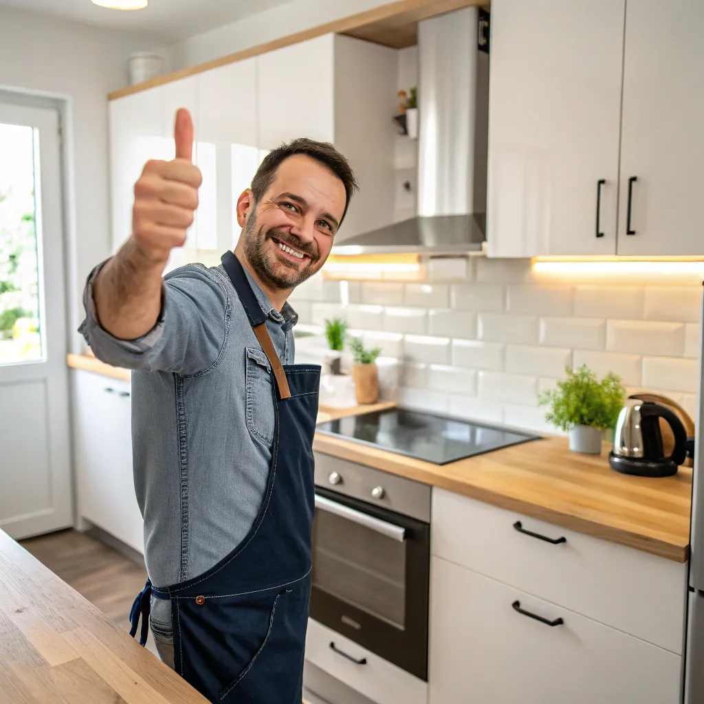 Customer in the kitchen showing thumbs up